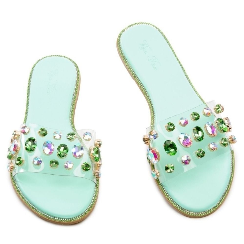 Viva Fiore Slide Sandals Womens 10 Mint Green Rhinestone Jeweled Clear Strap